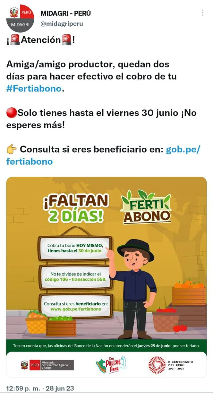 Bono Agrícola 2023: Este 30 de junio vence el pago del Fertiabono 1