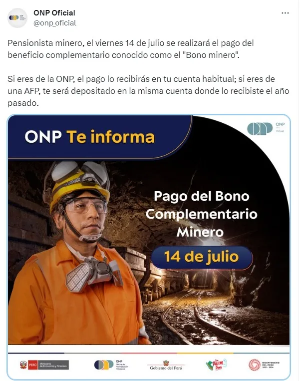 Pago del Fondo Complementario de Jubilación Minera 2023: cuándo es y cómo cobrar ¿Cuándo van a pagar el Fondo Complementario a los mineros? Esto dice la ONP