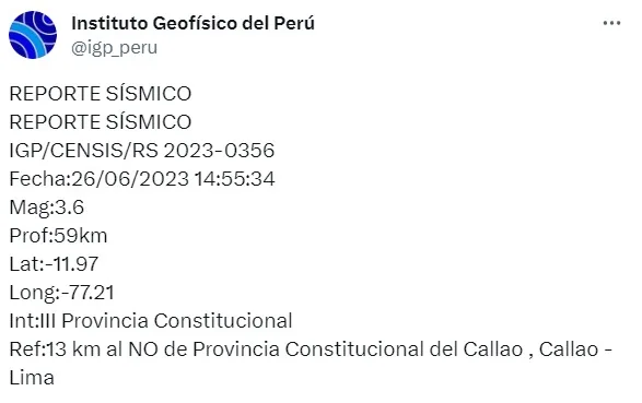 ¿Cuál fue el último sismo hoy, 26 de junio 2023, en Perú?