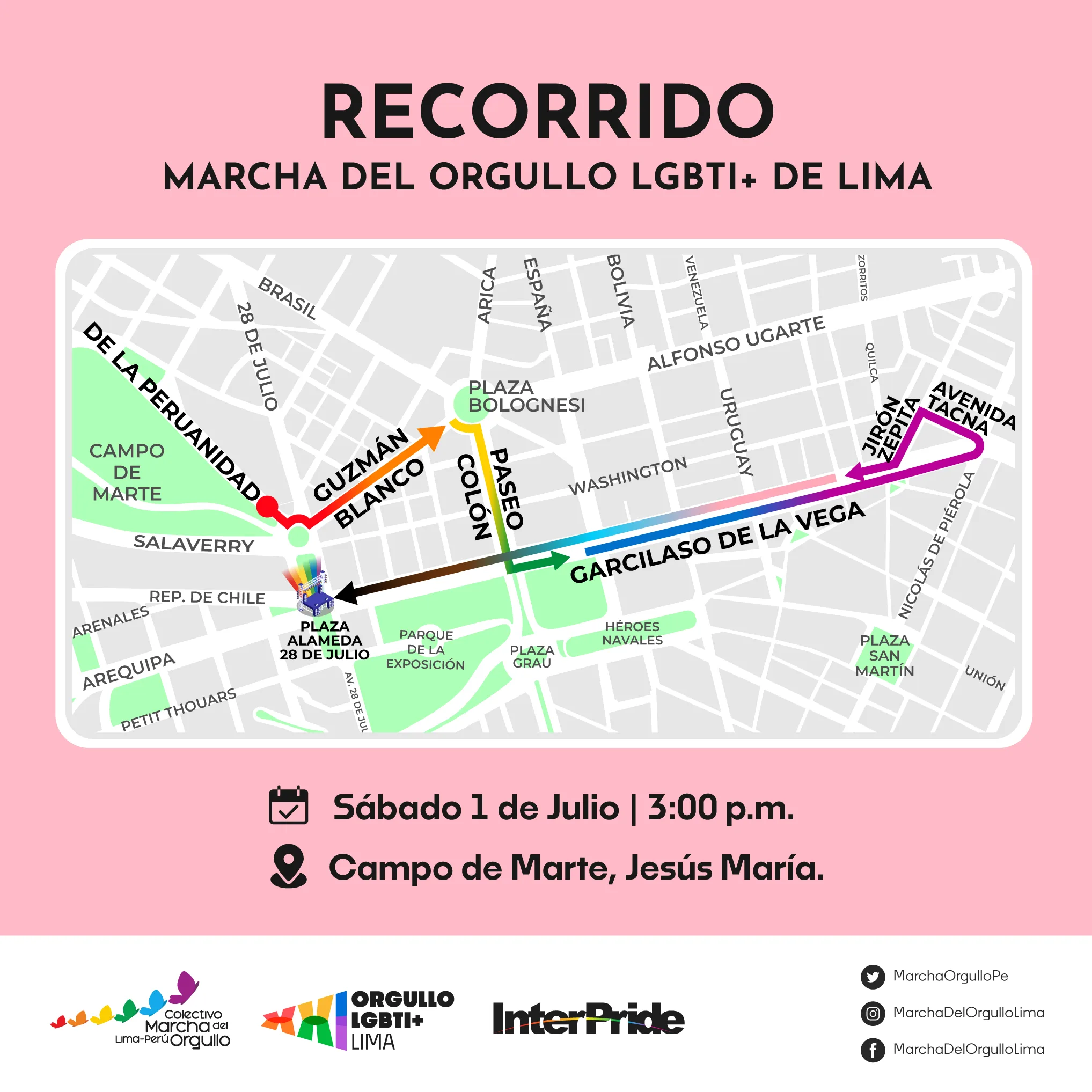 Recorrido de la marcha LGBT 2023 por el Día del Orgullo Gay en Perú