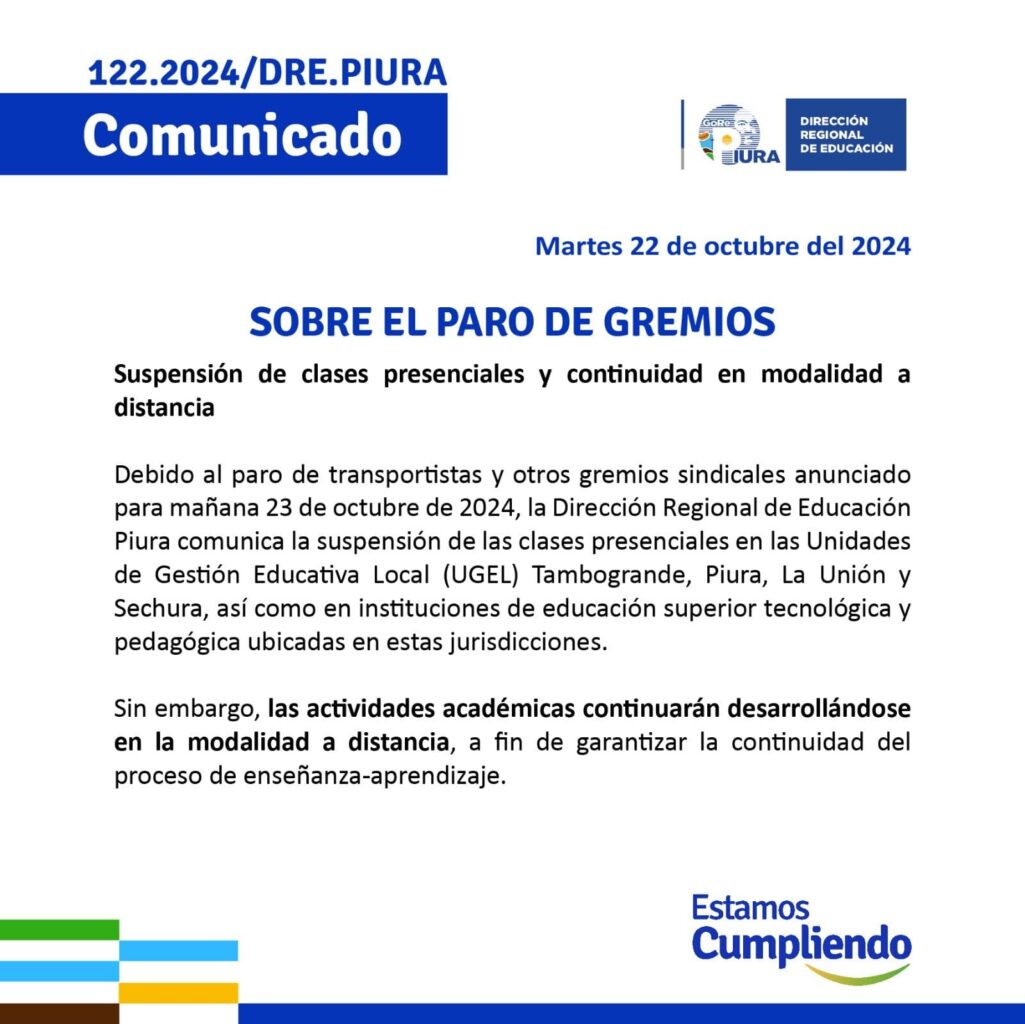 paro de transportistas en piura mañana 23 de octubre no hay clases en piura